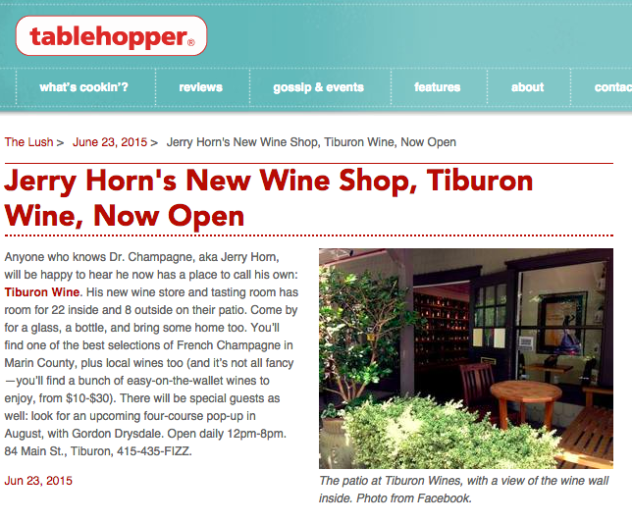 Tiburon Wine mention on Table Hopper